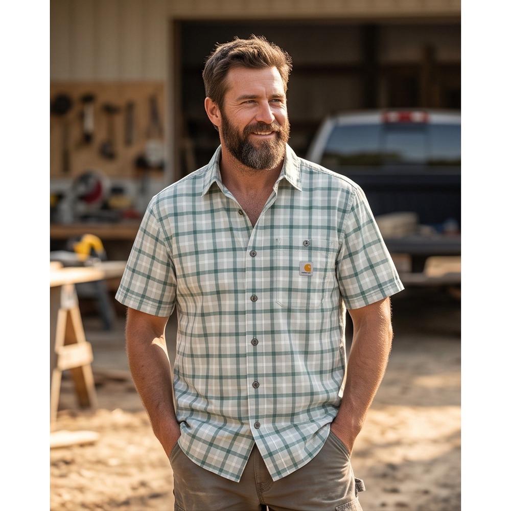 Carhartt M Force Sun Defender Relaxed Fit Plaid Short Sleeve Shirt Green NWT
